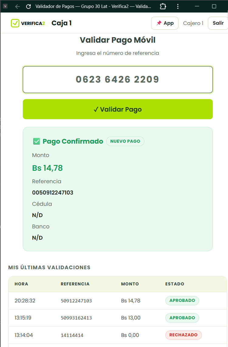 Captura real del widget de escritorio validando un pago