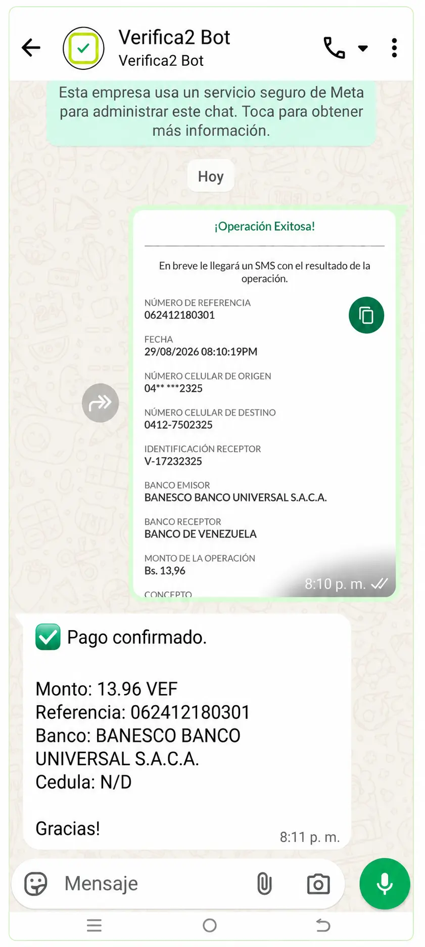 Captura real de una confirmación de pago por WhatsApp con Verifica2